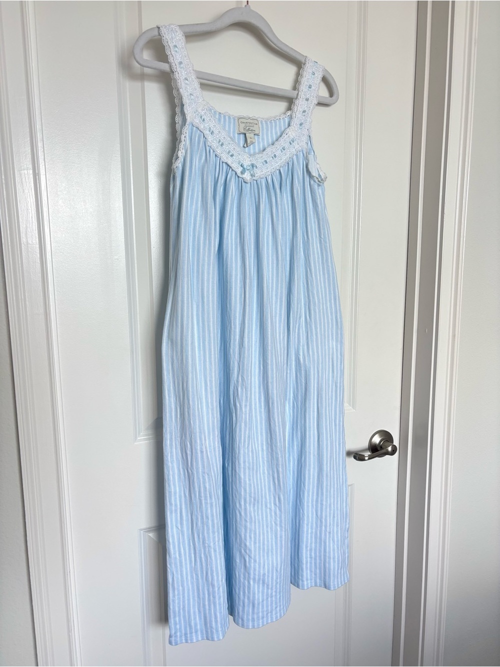 Charter Club Intimates Cotton Nightgown XS Blue White Striped Lace Trim Maxi